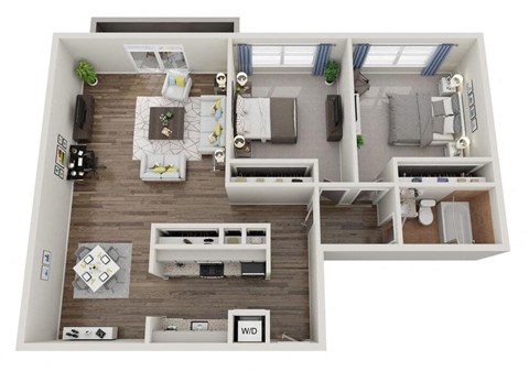 Floor plan for 2 beds, 1 bath, 980 sqft